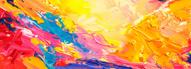 An expressive abstract composition with thick, textured strokes of bright yellow and red against a vivid blue backdrop, depicting action and passion. - obrazy, fototapety, plakaty