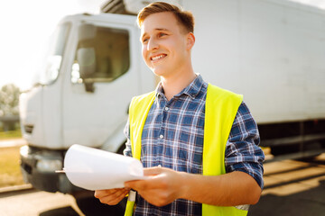 Truck driver occupation. Portrait of truck driver in casual clothes standing in front of truck...