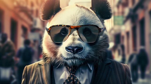 close up of a panda portrait wearing sunglassesand suit  with blur backdrops