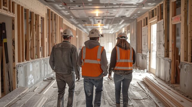 a group of  contractors and workers walking through a renovation project with their backs turned