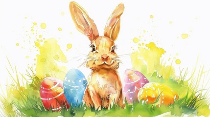 Happy watercolor bunny and easter eggs