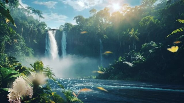 Beautiful green amazon forest landscape, rain forest jungle with waterfalls, video HD