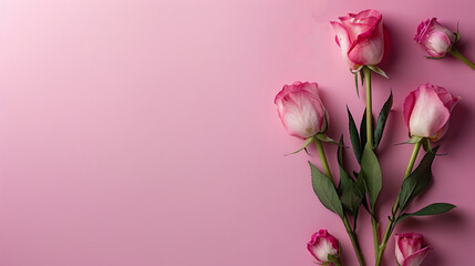 Delicate pink roses and a glittery heart on a pink background symbolizing love and Valentine's Day.