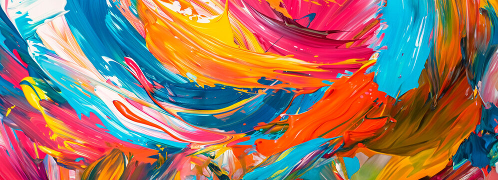 Bright, energetic strokes of paint on a canvas, suggesting chaos and creativity in vivid colors.
