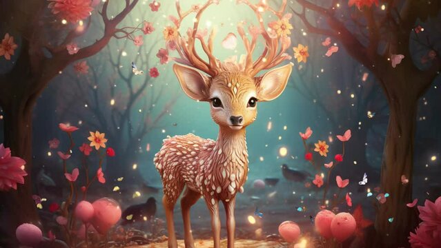 Cute Fluffy Deer in the Enchanted Fantasy Forest  Seamless looping 4k time-lapse virtual video animation background. Generated AI