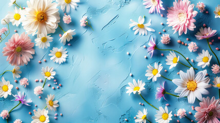 Fototapeta na wymiar Bright and colorful daisies scattered across a textured blue background with a cheerful, summery vibe.