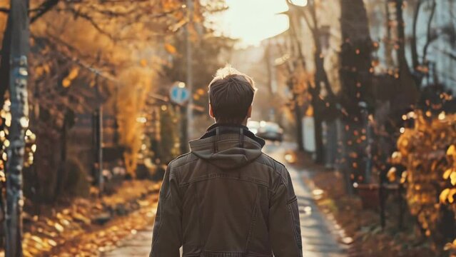 A young man in a warm jacket is walking in the autumn park.