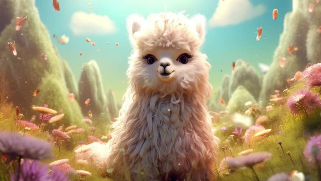 Adorable playful alpaca enjoying a sunny day in the meadow  Seamless looping 4k time-lapse virtual video animation background. Generated AI