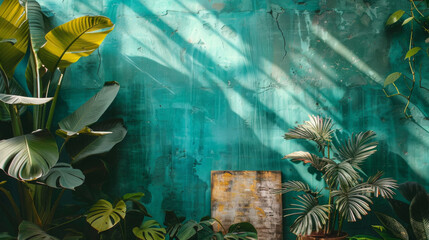Various tropical plants with lush green leaves in front of a distressed turquoise wall with sunbeams filtering through.