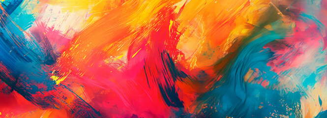A dynamic abstract painting featuring streaks of pink, blue, and yellow, creating a sweeping sense of movement and a burst of energy.