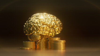 golden brain and gold coin stacks. 3D illustration. - 758481750