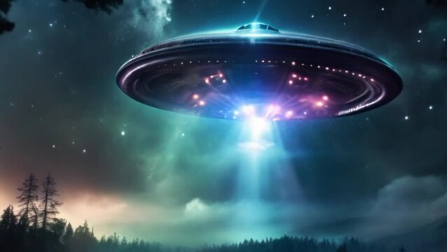 eerie alien ufo abduction lit up in the night sky