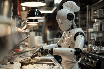 Fototapeta na wymiar Humanoid robot who works as a chef in a restaurant and who makes good food...