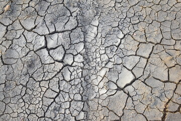dry and cracked soil structure with a pattern of motorbike or car tire tracks that appears during...