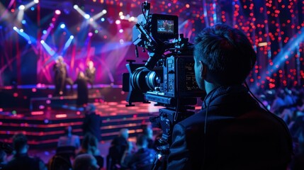 A camera man sits with a huge television camera and films a show on stage..