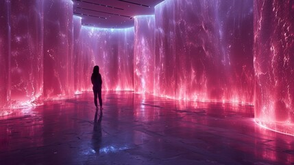Futuristic dark corridor with neon lights and a girl 3d rendering - obrazy, fototapety, plakaty