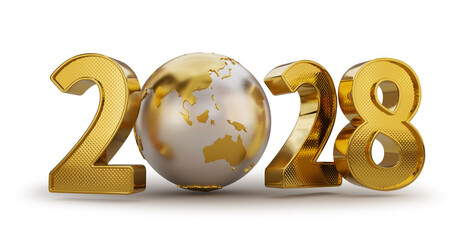 Golden number 2028 with planet Earth. 3d illustration.