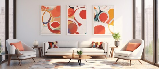 Modern room with white walls, plenty of sunlight, and abstract patterns for showcasing products.