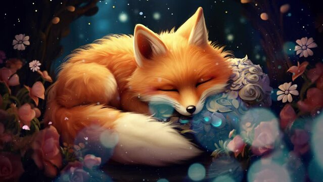 Dreaming Fox: Cute Fluffy Fox Sleeping in the Enchanted Forest
 Seamless looping 4k time-lapse virtual video animation background. Generated AI