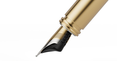 Golden pen nib close-up on white background.3D illustration.