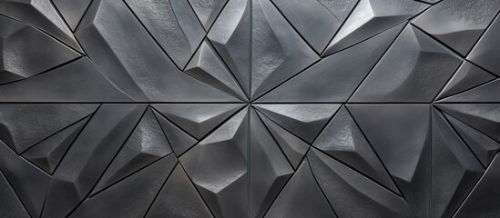A close up of a dark grey geometric pattern on a wall, featuring symmetry and various shapes like triangles and circles. The monochrome photography captures the tints and shades of the metal design