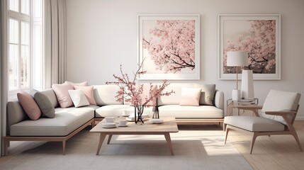 Modern sophisticated living room interior composition inspired with scandinavian elegance  - obrazy, fototapety, plakaty