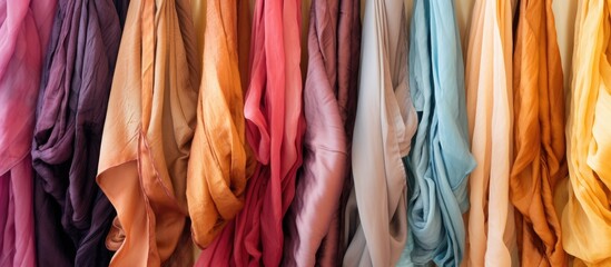 A variety of colorful fabrics, including magenta, peach, and fur, hanging on a rack in an artful display. Fashion design and fashion accessories on wood and animal product materials in the room - obrazy, fototapety, plakaty