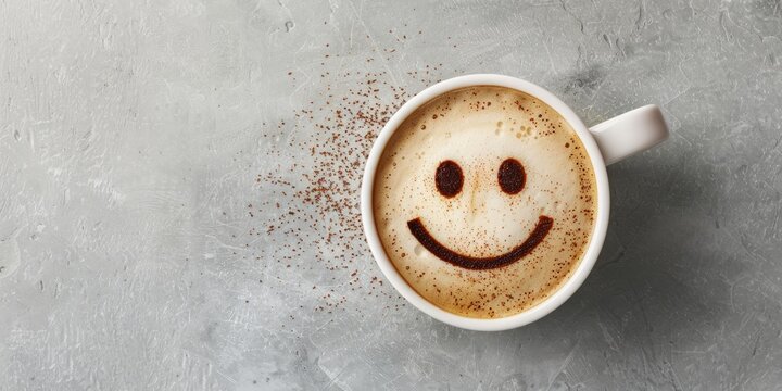 Cheerful Smiley Face Foam Art on Coffee Cup, Top View