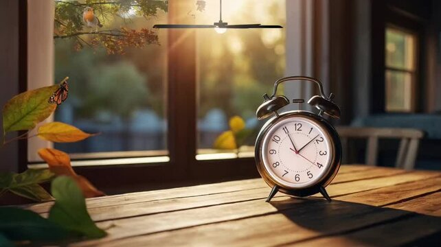 daylight saving concept at sunrise, hours and enjoying with leaves outside the window, on a wooden table in the living room, video HD