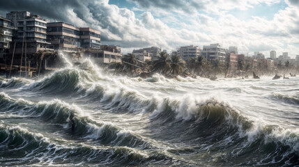 Fototapeta premium Panoramic view of stormy sea waves crashing on the city