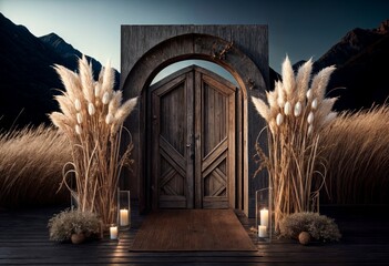 a wooden door in the middle of a field with dry grass and candles - obrazy, fototapety, plakaty