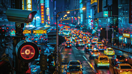 A bustling cityscape at night captured through the lens of traffic surveillance, with vibrant neon lights. - obrazy, fototapety, plakaty
