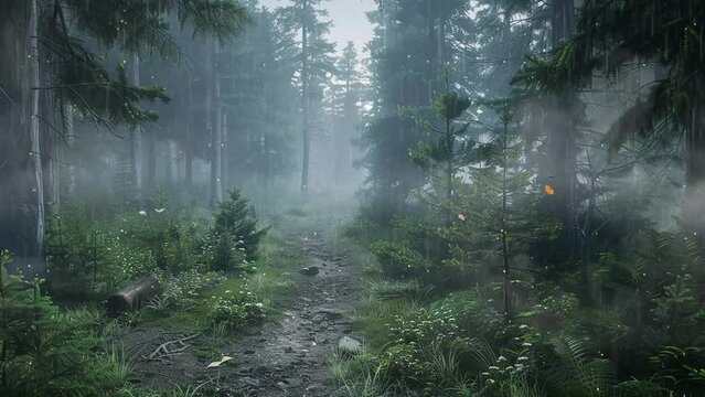 nature background with misty forest trail misty environment. seamless looping overlay 4k virtual video animation background