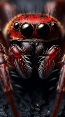 Close-up of Red Jumping Spider on Dark Background

