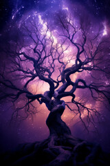Fototapeta premium Mystical Tree Silhouette Against Cosmic Starry Sky