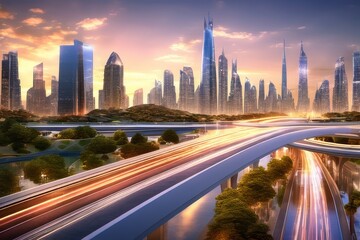 Fototapeta premium a futuristic cityscape and holographic billboards,