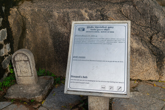 Picture of board of Draupadi bath at UNESCO world heritage site of Mahabalipuram. Archeological survey of India, Chennai, Caves history, culture, art, carving