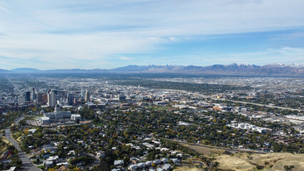 Fototapeta premium Aerial View of Downtown Salt Lake City Utah Sunrise Fall 