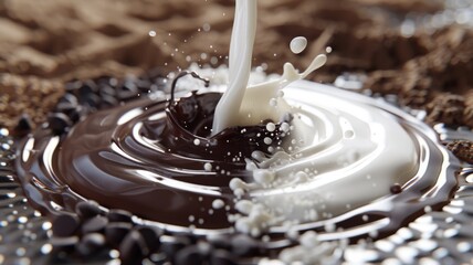 3D render of milk pouring into a swirling pool of chocolate, creating a yin-yang pattern