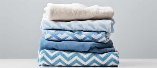 A stack of sportswear clothes in electric blue and magenta colors, including sleeveless jerseys, rectangle trunks, and waistaccentuating tops with unique patterns, is neatly displayed on a table