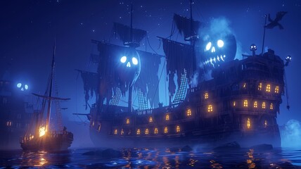 A haunted pirate ship with ghost crew, eerie cartoon 3D - obrazy, fototapety, plakaty