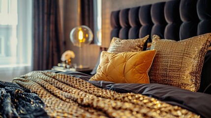 A glamorous bedroom retreat with a black velvet upholstered bed frame, accessorized with golden...