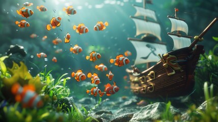 A pirate ship underwater with fish crew, cartoon 3D