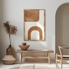 Abstract Art Display: Vibrant Painting on Bench in Living Room, high-resolution (300 dpi)