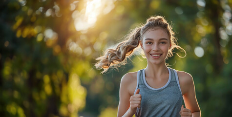 Cheerful jogger embracing outdoor fitness - obrazy, fototapety, plakaty