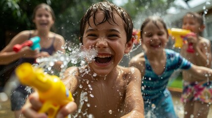 A group of children with various special needs are playing in a backyard with their siblings and parents. They are having a fun water fight with water guns and hoses and everyone - obrazy, fototapety, plakaty