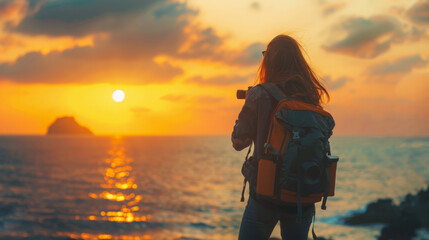 A lone traveler with a backpack watches the sunset over the ocean, capturing a moment of wanderlust and reflection. - obrazy, fototapety, plakaty