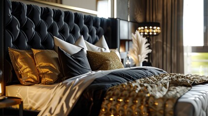 A glamorous bedroom retreat with a black velvet upholstered bed frame, accessorized with golden throw pillows and a shimmering metallic bedspread.