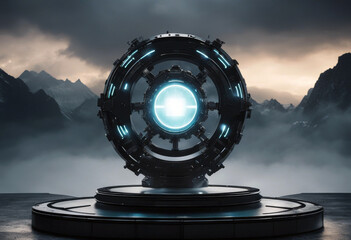 3D Rendering of sci fi mech circle shape pedestal with glowing led futuristic rings and grun  - obrazy, fototapety, plakaty