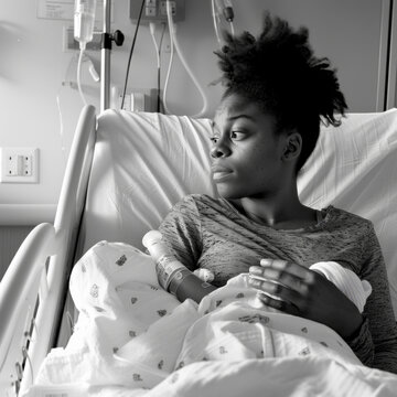 Young mother with her newborn baby while in a hospital bed African American Black monochrome black and white.